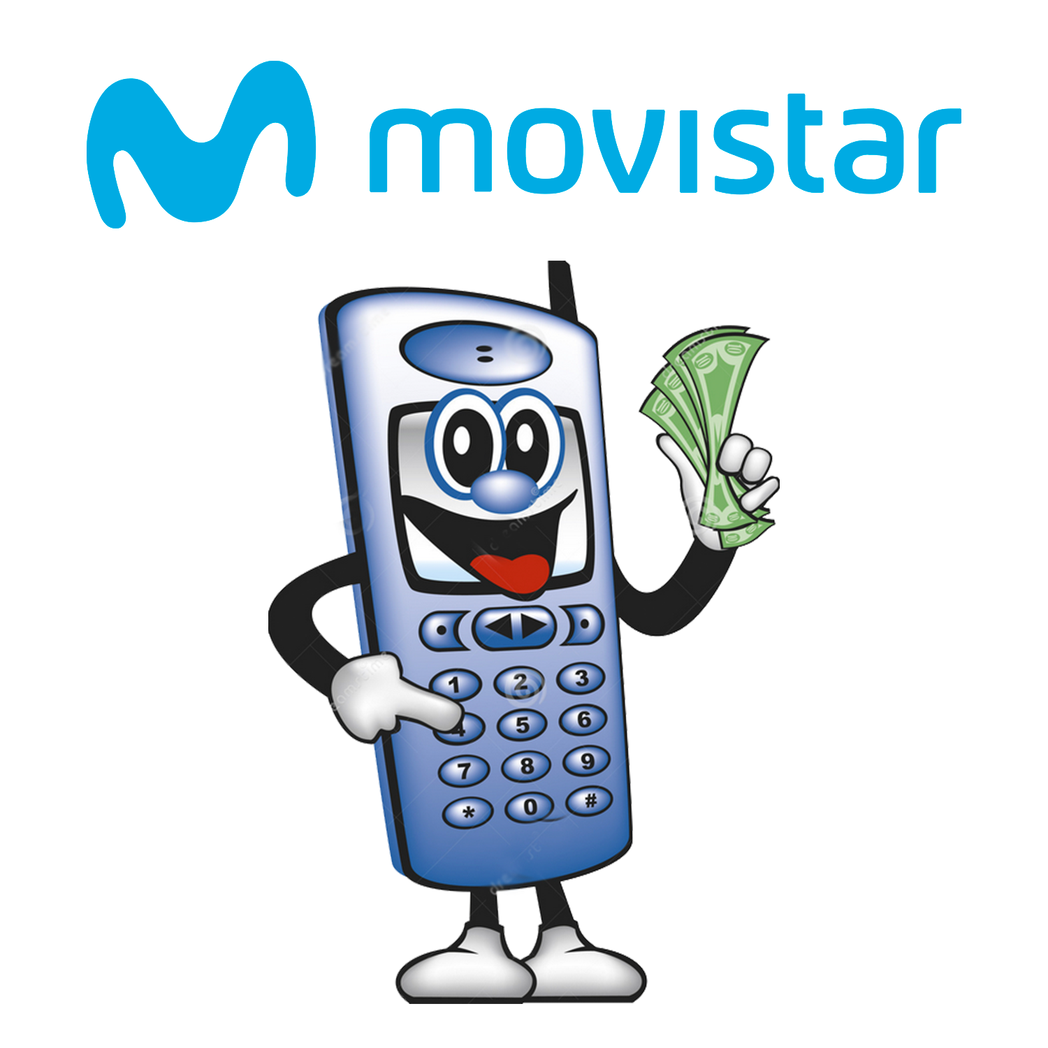 Celular en caricatura sosteniendo dinero